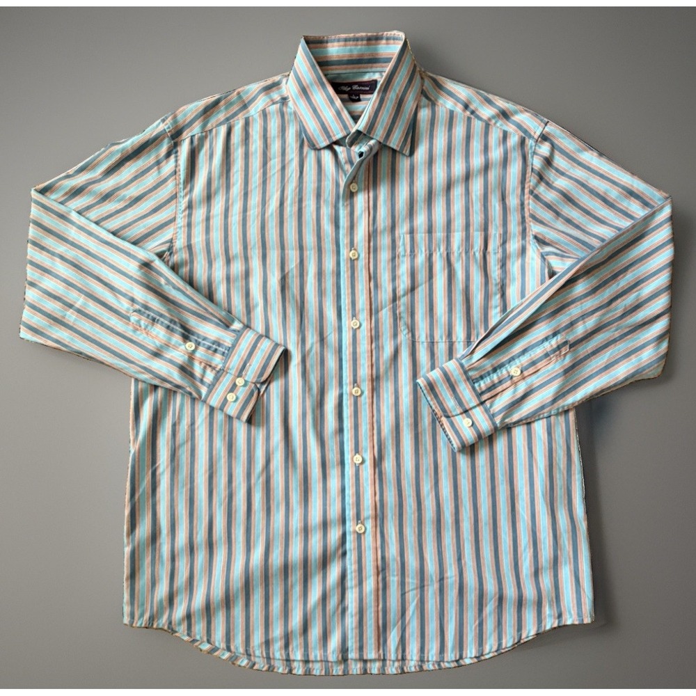 Oleg Cassini Long Sleeve Button Up Shirt Blue Orange Striped Silk Large JBHS